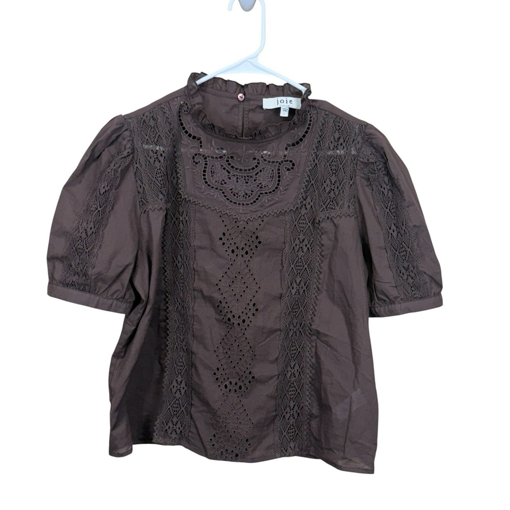 Joie Brown Eyelet Embroidered Blouse Cotton Puff Sleeve Boho Top Large